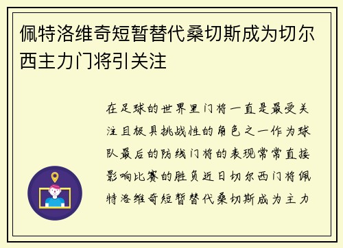 佩特洛维奇短暂替代桑切斯成为切尔西主力门将引关注